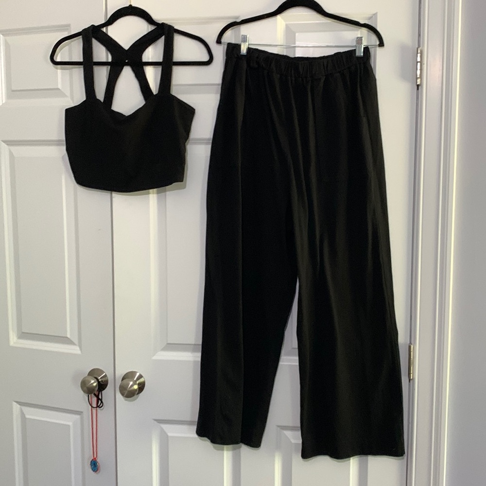 Free People BEACH Wide Leg Pant and Cropped Tank Set Black Size L